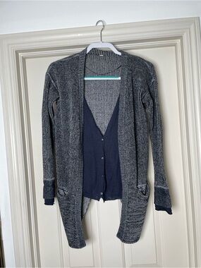 Lululemon Grey Open-Front Knit Cardigan with Navy Layered Look